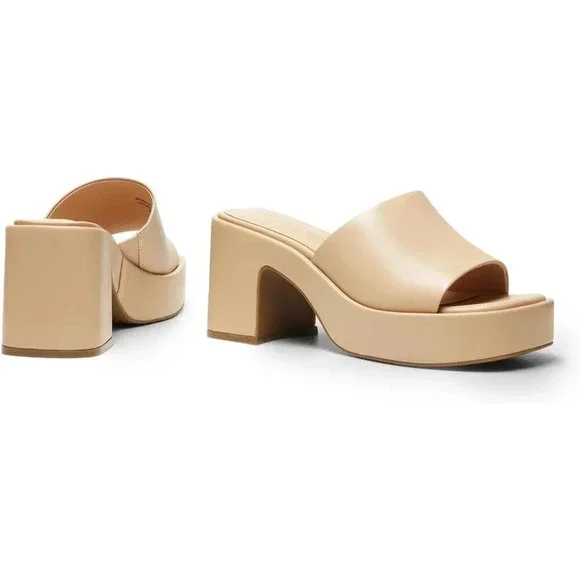 Women Tan Fashion Comfort Slip on Square Open  Toe Block Heel Sandals - Picture 3 of 6